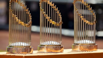 SAN FRANCISCO, CA - OCTOBER 4: Three of the San Francisco Giants World Series trophies sit on display during a retirement ceremony for pitcher Jeremy Affeldt