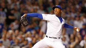 Jul 28, 2016; Chicago, IL, USA; Chicago Cubs relief pitcher Aroldis Chapman (54) delivers a pitch during the eighth inning of the game against the Chicago White Sox at Wrigley Field. Mandatory Credit: Caylor Arnold-USA TODAY Sports