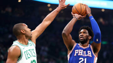 BOSTON, MA - OCTOBER 14: Joel Embiid #21 of the Philadelphia 76ers shoots while guarded by Al Horford #42 of the Boston Celtics in the first quarter at TD Garden on October 16, 2018 in Boston, Massachusetts. NOTE TO USER: User expressly acknowledges and agrees that, by downloading and or using this photograph, User is consenting to the terms and conditions of the Getty Images License Agreement. (Photo by Adam Glanzman/Getty Images)