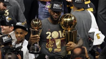 June 19, 2016; Oakland, CA, USA; Cleveland Cavaliers forward LeBron James (23) celebrates with the Larry O