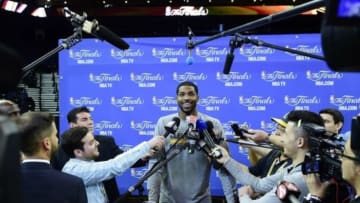 Jun 3, 2015; Oakland, CA, USA; Cleveland Cavaliers center Tristan Thompson (13) talks to the media during practice prior to the NBA Finals at Oracle Arena. Mandatory Credit: Bob Donnan-USA TODAY Sports