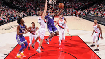 PORTLAND, OR - OCTOBER 12: Buddy Hield #24 of the Sacramento Kings shoots the ball against the Portland Trail Blazers during a pre-season game on October 12, 2018 at Moda Center, in Portland, Oregon. NOTE TO USER: User expressly acknowledges and agrees that, by downloading and/or using this Photograph, user is consenting to the terms and conditions of the Getty Images License Agreement. Mandatory Copyright Notice: Copyright 2018 NBAE (Photo by Sam Forencich/NBAE via Getty Images)