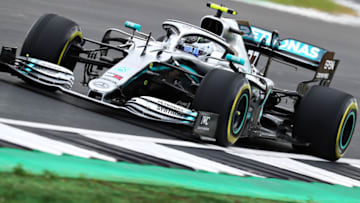 NORTHAMPTON, ENGLAND - JULY 12: Valtteri Bottas driving the (77) Mercedes AMG Petronas F1 Team Mercedes W10 on track during practice for the F1 Grand Prix of Great Britain at Silverstone on July 12, 2019 in Northampton, England. (Photo by Mark Thompson/Getty Images)