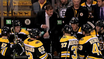 BOSTON - NOVEMBER 4: Boston Bruins head coach Bruce Cassidy talks to his team during a time out in the third period. The Boston Bruins host the Washington Capitals in a regular season NHL hockey game at TD Garden in Boston on Nov. 4, 2017. (Photo by Barry Chin/The Boston Globe via Getty Images)