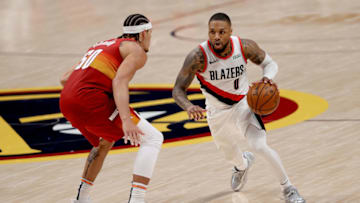 Aaron Gordon, Denver Nuggets guards Damian Lillard, Portland Trail Blazers in Game 2 of the Western Conference first-round playoff series. (Photo by Matthew Stockman/Getty Images)