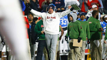 Auburn footballNov 12, 2022; Oxford, Mississippi, USA; Mississippi Rebels head coach Lane Kiffin reacts during the second half against the Alabama Crimson Tide at Vaught-Hemingway Stadium. Mandatory Credit: Petre Thomas-USA TODAY Sports