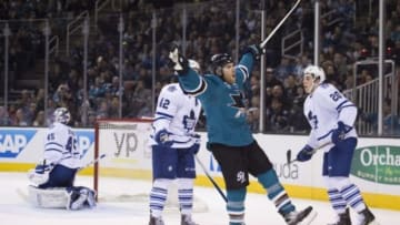 January 9, 2016; San Jose, CA, USA; San Jose Sharks center Joe Pavelski (8) celebrates after scoring a goal past Toronto Maple Leafs goalie Jonathan Bernier (45) during the second period at SAP Center at San Jose. Mandatory Credit: Kyle Terada-USA TODAY Sports