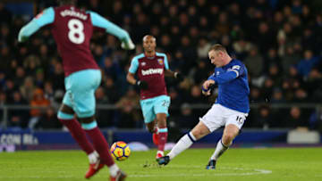LIVERPOOL, ENGLAND - NOVEMBER 29: Wayne Rooney of Everton scores his sides third goal during the Premier League match between Everton and West Ham United at Goodison Park on November 29, 2017 in Liverpool, England. (Photo by Jan Kruger/Getty Images)