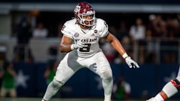Sep 25, 2021; Arlington, Texas, USA; Texas A&M Aggies defensive lineman DeMarvin Leal (8) in action during the game between the Arkansas Razorbacks and the Texas A&M Aggies at AT&T Stadium. Mandatory Credit: Jerome Miron-USA TODAY Sports