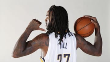 Sep 28, 2015; Indianapolis, IN, USA; Indiana Pacers forward Jordan Hill (27) poses for a photo during media day at Bankers Life Fieldhouse. Mandatory Credit: Brian Spurlock-USA TODAY Sports