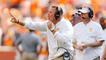 KNOXVILLE, TN - OCTOBER 14: Head coach Butch Jones of the Tennessee Volunteers reacts against the South Carolina Gamecocks during the second half at Neyland Stadium on October 14, 2017 in Knoxville, Tennessee. South Carolina defeated Tennessee 15-9. (Photo by Michael Reaves/Getty Images)