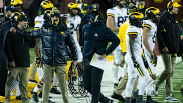 MINNEAPOLIS, MINNESOTA - OCTOBER 24: Head coach Jim Harbaugh of the Michigan Wolverines (Photo by David Berding/Getty Images)