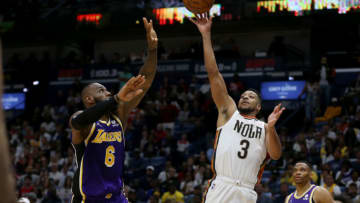 New Orleans Pelicans guard CJ McCollum (3) shoots over Los Angeles Lakers forward LeBron James Credit: Chuck Cook-USA TODAY Sports