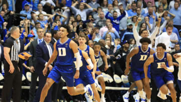 CHAPEL HILL, NORTH CAROLINA - FEBRUARY 08: Tre Jones #3 of the Duke Blue Devils reacts after making a shot at the end of regulation to send the game to overtime against the North Carolina Tar Heels at Dean Smith Center on February 08, 2020 in Chapel Hill, North Carolina. (Photo by Streeter Lecka/Getty Images)