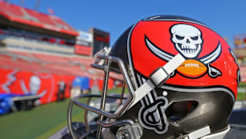Nov 13, 2016; Tampa, FL, USA; A view of an official Tampa Bay Buccaneers helmet on the sidelines at Raymond James Stadium. The Buccaneers won 36-10. Mandatory Credit: Aaron Doster-USA TODAY Sports