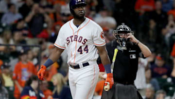 HOUSTON, TEXAS - OCTOBER 23: Yordan Alvarez #44 of the Houston Astros reacts against the Washington Nationals in Game Two of the 2019 World Series at Minute Maid Park on October 23, 2019 in Houston, Texas. (Photo by Elsa/Getty Images)