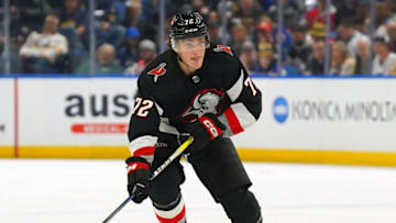 BUFFALO, NY - APRIL 13: Tage Thompson #72 of the Buffalo Sabres during the game against the Ottawa Senators at KeyBank Center on April 13, 2023 in Buffalo, New York. (Photo by Kevin Hoffman/Getty Images)