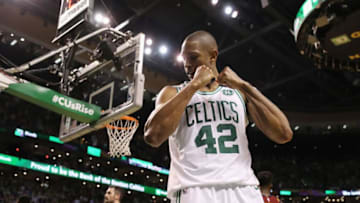 BOSTON, MA - MAY 15: Al Horford #42 of the Boston Celtics reacts in the second half against the Cleveland Cavaliers during Game Two of the 2018 NBA Eastern Conference Finals at TD Garden on May 15, 2018 in Boston, Massachusetts. NOTE TO USER: User expressly acknowledges and agrees that, by downloading and or using this photograph, User is consenting to the terms and conditions of the Getty Images License Agreement. (Photo by Maddie Meyer/Getty Images)