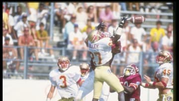 12 Oct 1991: Defensive back Terrell Buckley of the Florida State Seminoles goes up for the ball during a game against the Virginia Tech Hokies at Doak S. Campbell Stadium in Tallahassee, Florida. FSU won the game, 33-20. Mandatory Credit: Scott Halleran