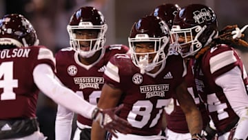 STARKVILLE, MISSISSIPPI - NOVEMBER 12: Zavion Thomas #87 of the Mississippi State Bulldogs celebrates a punt return for a touchdown during the first half of the game against the Georgia Bulldogs at Davis Wade Stadium on November 12, 2022 in Starkville, Mississippi. (Photo by Jonathan Bachman/Getty Images)