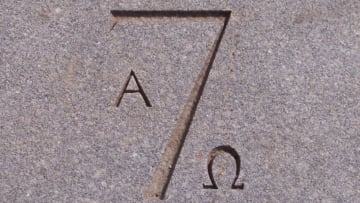 A Seven Society sign outside Old Cabell Hall at the University of Virginia