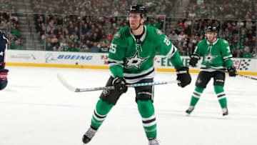 DALLAS, TX - NOVEMBER 12: Brett Ritchie #25 of the Dallas Stars skates against the Columbus Blue Jackets at the American Airlines Center on November 12, 2018 in Dallas, Texas. (Photo by Glenn James/NHLI via Getty Images)