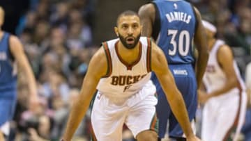 Jan 9, 2015; Milwaukee, WI, USA; Milwaukee Bucks guard Kendall Marshall (5) reacts after making a basket during the second quarter against the Minnesota Timberwolves at BMO Harris Bradley Center. Mandatory Credit: Jeff Hanisch-USA TODAY Sports