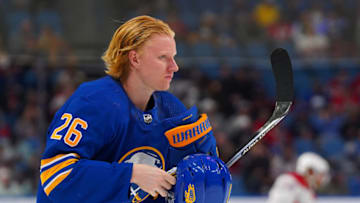 BUFFALO, NY - OCTOBER 27: Rasmus Dahlin #26 of the Buffalo Sabres during the game against the Montreal Canadiens at KeyBank Center on October 27, 2022 in Buffalo, New York. (Photo by Kevin Hoffman/Getty Images)