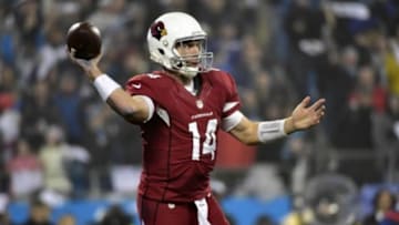 Jan 3, 2015; Charlotte, NC, USA; Arizona Cardinals quarterback Ryan Lindley (14) throws a pass during the third quarter against the Carolina Panthers in the 2014 NFC Wild Card playoff football game at Bank of America Stadium. Mandatory Credit: Bob Donnan-USA TODAY Sports