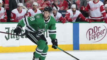 DALLAS, TX - DECEMBER 29: Tyler Pitlick #18 of the Dallas Stars skates against the Detroit Red Wings at the American Airlines Center on December 29, 2018 in Dallas, Texas. (Photo by Glenn James/NHLI via Getty Images)