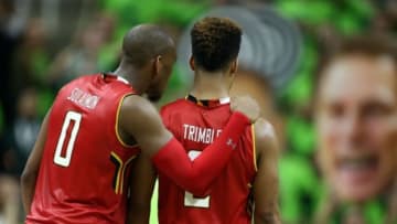 Jan 23, 2016; East Lansing, MI, USA; Maryland Terrapins guard Rasheed Sulaimon (0) and guard Melo Trimble (2) stand on the court during the second half of a game against the Michigan State Spartans at Jack Breslin Student Events Center. Mandatory Credit: Mike Carter-USA TODAY Sports