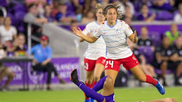 ORLANDO, FL - AUGUST 25: Orlando Pride forward Marta (10) gets fouled by Chicago Red Stars midfielder Danielle Colaprico (24) during the NWSL soccer match between the Orlando Pride and the Chicago Red Stars on August 25th, 2018 at Orlando City Stadium in Orlando, FL. (Photo by Andrew Bershaw/Icon Sportswire via Getty Images)