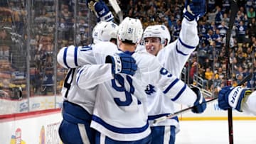 PITTSBURGH, PA - NOVEMBER 03: Morgan Rielly #44 of the Toronto Maple Leafs celebrates his second period goal against the Pittsburgh Penguins at PPG Paints Arena on November 3, 2018 in Pittsburgh, Pennsylvania. (Photo by Joe Sargent/NHLI via Getty Images)