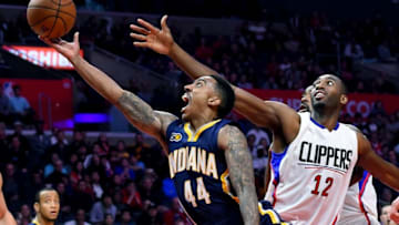 Dec 4, 2016; Los Angeles, CA, USA; Indiana Pacers guard Jeff Teague (44) gets by Los Angeles Clippers forward Luc Mbah a Moute (12) for a basket in the second half of the game at Staples Center. Pacers won 111-102. Mandatory Credit: Jayne Kamin-Oncea-USA TODAY Sports
