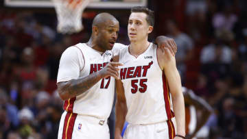 P.J. Tucker #17 and Duncan Robinson #55 of the Miami Heat talk against the Cleveland Cavaliers(Photo by Michael Reaves/Getty Images)