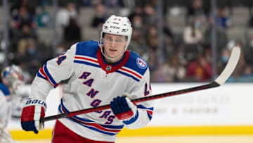 Jan 13, 2022; San Jose, California, USA; New York Rangers right wing Kaapo Kakko (24) during the first period against the San Jose Sharks at SAP Center at San Jose. Mandatory Credit: Stan Szeto-USA TODAY Sports