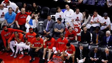 TORONTO, ON - MAY 27: The Toronto Raptors bench reacts in game six of the Eastern Conference Finals against the Cleveland Cavaliers during the 2016 NBA Playoffs at Air Canada Centre on May 27, 2016 in Toronto, Canada. NOTE TO USER: User expressly acknowledges and agrees that, by downloading and or using this photograph, User is consenting to the terms and conditions of the Getty Images License Agreement. (Photo by Mark Blinch/Getty Images)