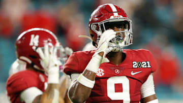 MIAMI GARDENS, FLORIDA - JANUARY 11: Jordan Battle #9 of the Alabama Crimson Tide looks on during the second quarter of the College Football Playoff National Championship game against the Ohio State Buckeyes at Hard Rock Stadium on January 11, 2021 in Miami Gardens, Florida. (Photo by Kevin C. Cox/Getty Images)