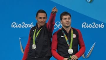 Aug 10, 2016; Rio de Janeiro, Brazil; Sam Dorman and Mike Hixon (USA) on the podium after the men's 3m springboard synchronized diving final at Maria Lenk Aquatics Centre. Mandatory Credit: Michael Madrid-USA TODAY Sports