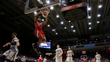 Mar 18, 2014; Dayton, OH, USA; North Carolina State Wolfpack forward T.J. Warren (24) dunks the ball in the second half of a college basketball game against the Xavier Musketeers during the first round of the 2014 NCAA Tournament at UD Arena. North Carolina State defeated Xavier 74-59. Mandatory Credit: Rick Osentoski-USA TODAY Sports