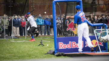 Kris Bryant does some batting practice in the streets of Downtown Chicago, IL, USA on 11 April 2017.