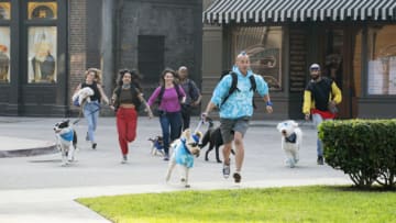 Pictured (L-R): Donna Modafferi & Charlie (Teammates & Pack Partners), Mitra Najibeh Yosri & Bozley (Teammates & Pack Partners), Lucy Riles & Duchess (Teammates & Pack Partners), Daniel Reese & Allister (Teammates & Pack Partners), Kioni “Kentucky” Russell Gallahue & Derby (Teammates & Pack Partners), Josh White & Snow (Teammates & Pack Partners). The Pack - Episode 101 - "Los Angeles" Credit: Ali Goldstein/Amazon