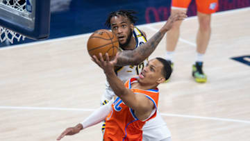 OKC Thunder forward Darius Bazley (7) shoots the ball against Indiana Pacers: Trevor Ruszkowski-USA TODAY Sports