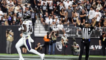 LAS VEGAS, NEVADA - SEPTEMBER 13: Ty'Son Williams #34 of the Baltimore Ravens scores a touchdown against the Las Vegas Raiders at Allegiant Stadium on September 13, 2021 in Las Vegas, Nevada. (Photo by Christian Petersen/Getty Images)
