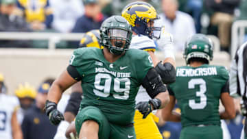 Michigan State Spartans defensive lineman Jalen Hunt celebrates against the Michigan Wolverines at Spartan Stadium. USA Today.