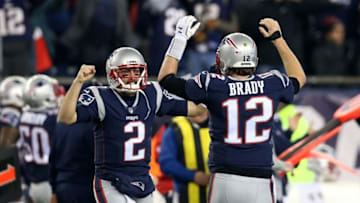 FOXBOROUGH, MA - JANUARY 21: Tom Brady #12 of the New England Patriots reacts with Brian Hoyer #2 in the fourth quarter during the AFC Championship Game against the Jacksonville Jaguars at Gillette Stadium on January 21, 2018 in Foxborough, Massachusetts. (Photo by Adam Glanzman/Getty Images)