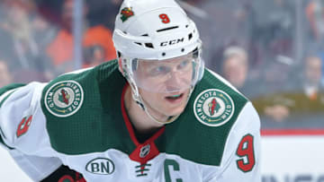 PHILADELPHIA, PENNSYLVANIA - JANUARY 14: Mikko Koivu #9 of the Minnesota Wild looks on against the Philadelphia Flyers at Wells Fargo Center on January 14, 2019 in Philadelphia, Pennsylvania. (Photo by Drew Hallowell/Getty Images)