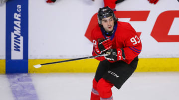 KITCHENER, ONTARIO - MARCH 23: Matthew Savoie #93 of Team Red skates against Team White in the 2022 CHL/NHL Top Prospects Game at Kitchener Memorial Auditorium on March 23, 2022 in Kitchener, Ontario. (Photo by Chris Tanouye/Getty Images)