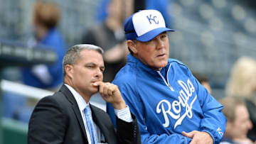 Kansas City Royals manager Ned Yost, right, and general manager Dayton Moore talk before baseball game against the Chicago White Sox, Monday, May 6, 2013, at Kauffman Stadium in Kansas City, Missouri. (John Sleezer/Kansas City Star/MCT via Getty Images)
