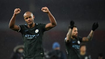 LONDON, ENGLAND - MARCH 01: Vincent Kompany of Manchester City applauds the fans after the Premier League match between Arsenal and Manchester City at Emirates Stadium on March 1, 2018 in London, England. (Photo by Mike Hewitt/Getty Images)